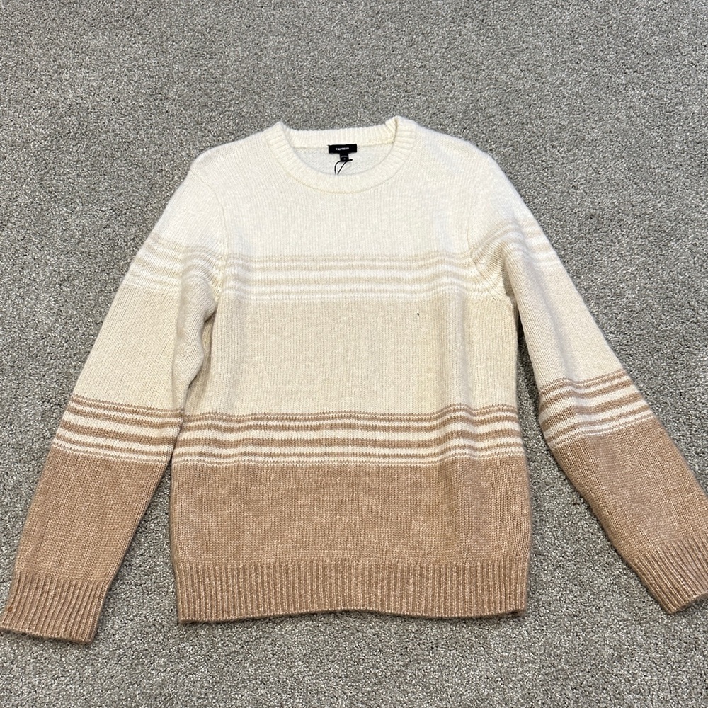 NWOT Express Men's Cream and Brown Striped Sweater